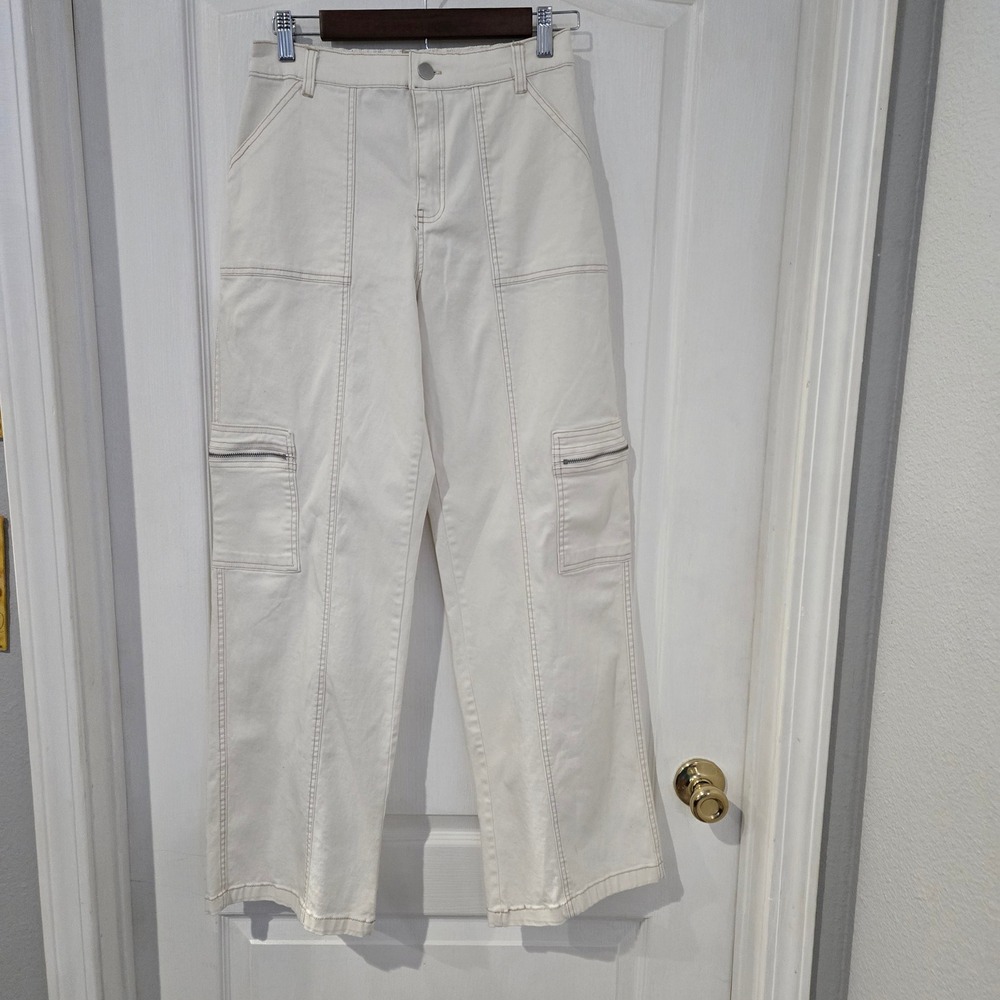 Cargo Pants Womens Size M Cream,Beige Wide Leg Zipper Pockets Rachel Paige
